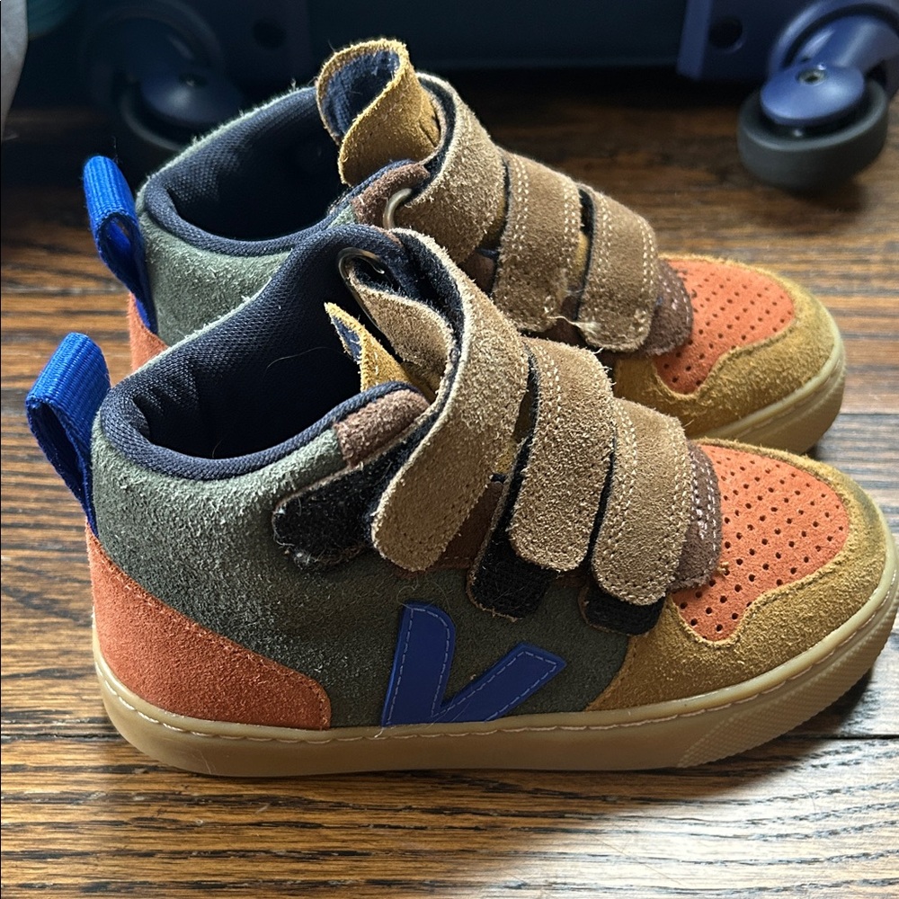 Veja Kids Suede High-Top Sneakers in Olive, Rust & Tan with Blue Accents